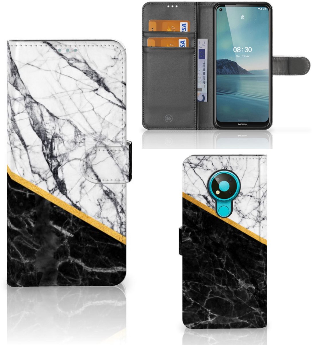 Nokia 3.4 Bookcase Marmer Wit Zwart - Origineel Cadeau Man
