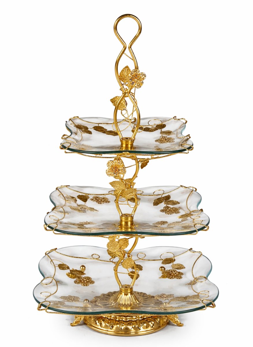 Luxe 3-Laags Etagère Goud met Glas – High Tea Etagere – Dessert Standaard – Cupcake Standaard – Serveerschaal – Taartplateau – Hapjes Plateau – Fruit Etagere – Decoratieve Serveertoren – Feest Serveerset – Vintage Design – HomeDecor Cadeau