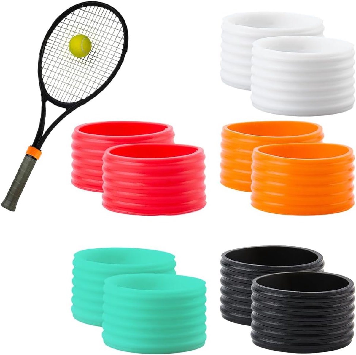10 Siliconen Racketgripringen – 2 x 1 cm – Antislip Bevestigingsringen voor Tennisrackets Squashrackets Badmintonrackets en Honkbalknuppels – Set van 5 Kleuren