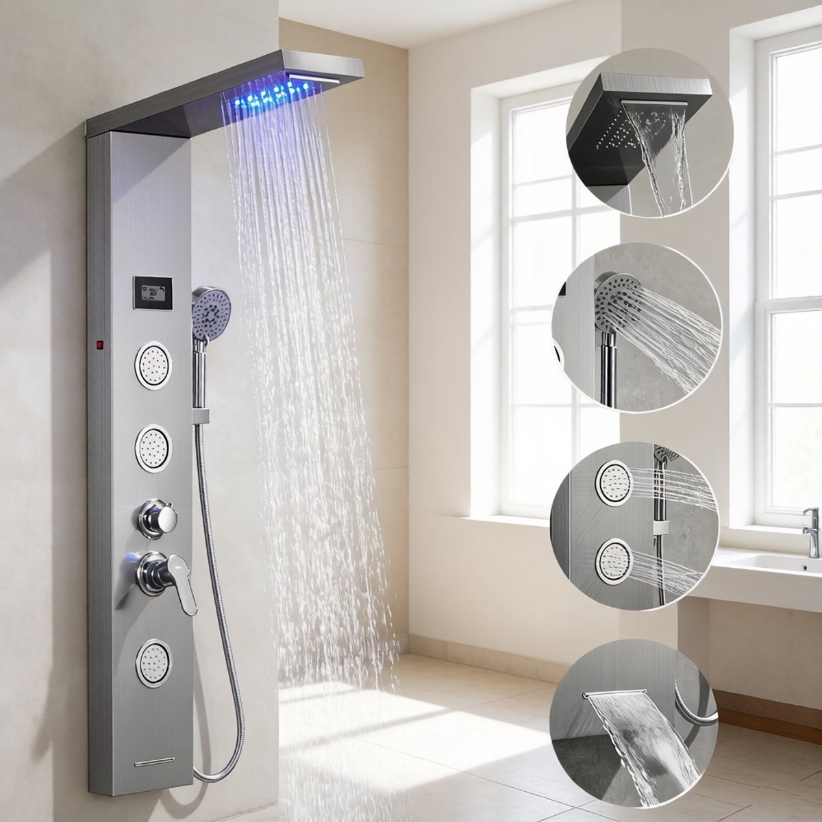 Lonheo RVS Douchepaneel - Geborsteld Staal - LED Systeem - 5 Waterfuncties - LCD Temperatuurdisplay - Spa Massage - Met Handdouche En Kraan - Badkamer Doucheset