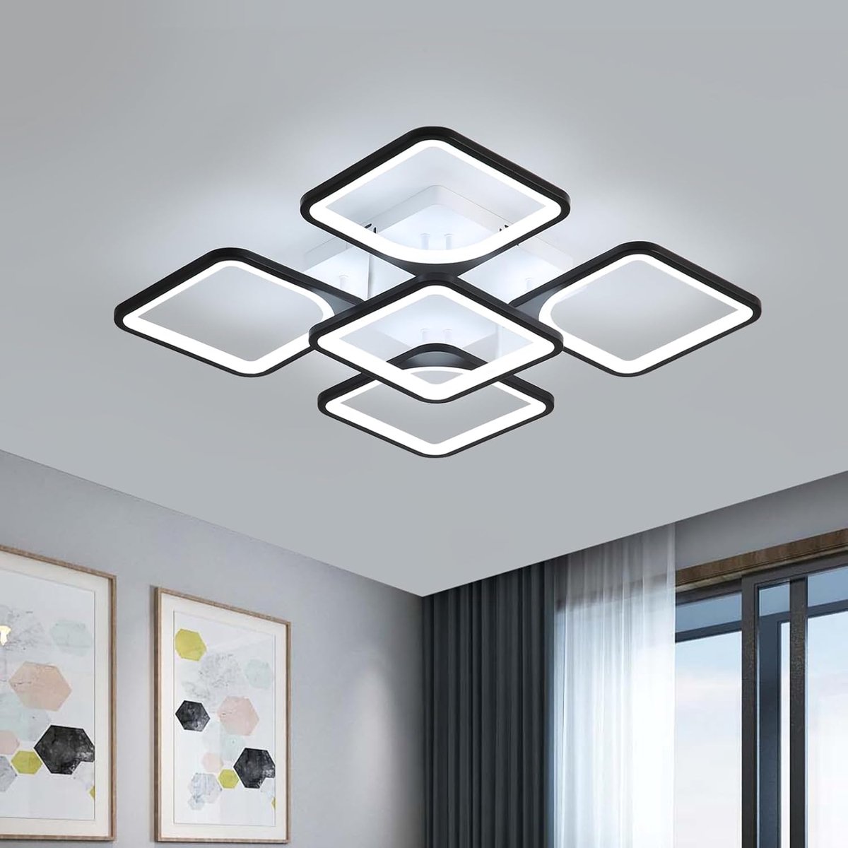 Haobosic - Vierkante Acryl Plafondlamp - Zwart - 4+1-Licht - 64W - 6500K Koud Wit