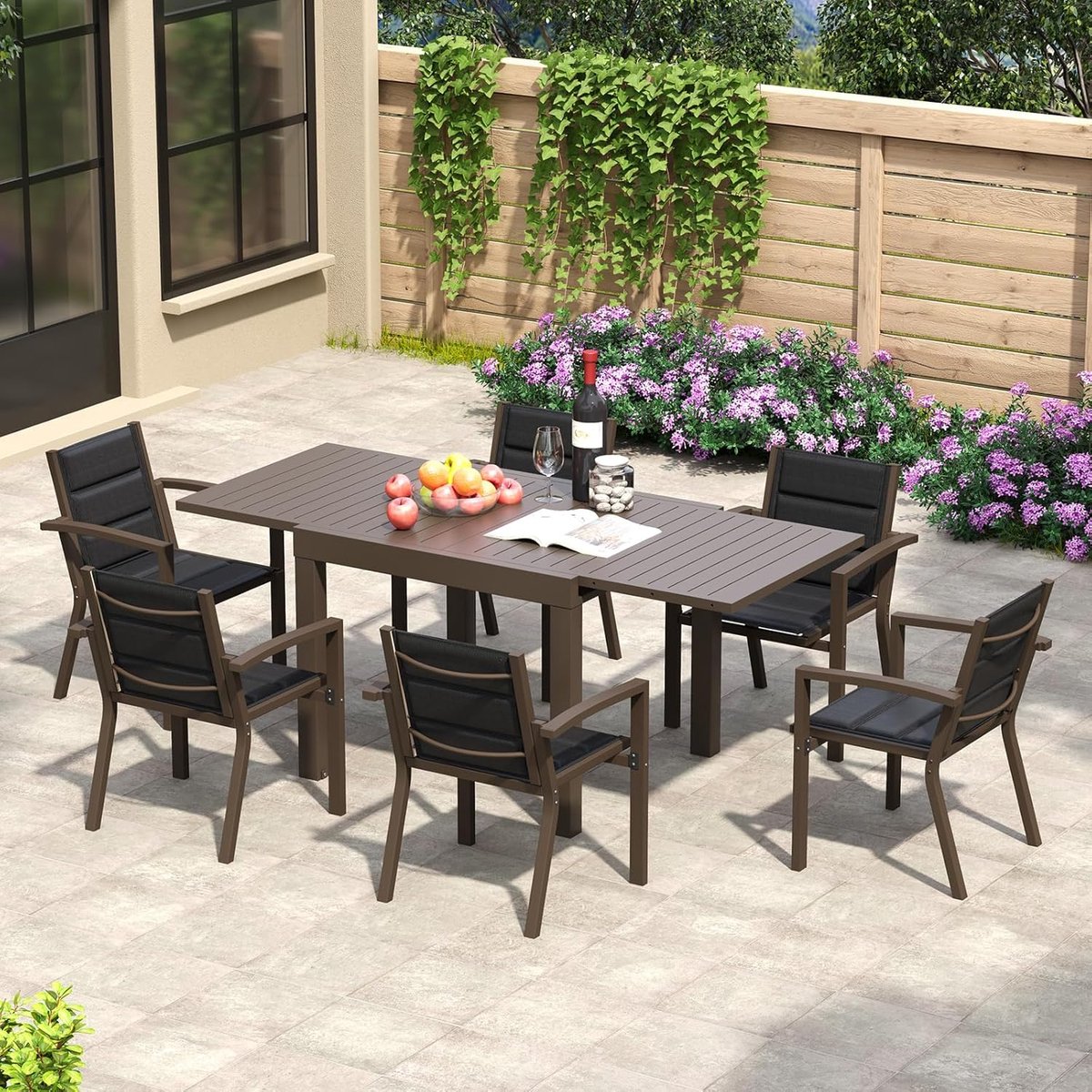 Tuinmeubelset 4 Personen Uittrekbare Tafel 80-160x80x75 cm Aluminium – Stapelbare Stoelen – Weerbestendig – Balkon & Terras – Compact Design Bruin – Nicolehome