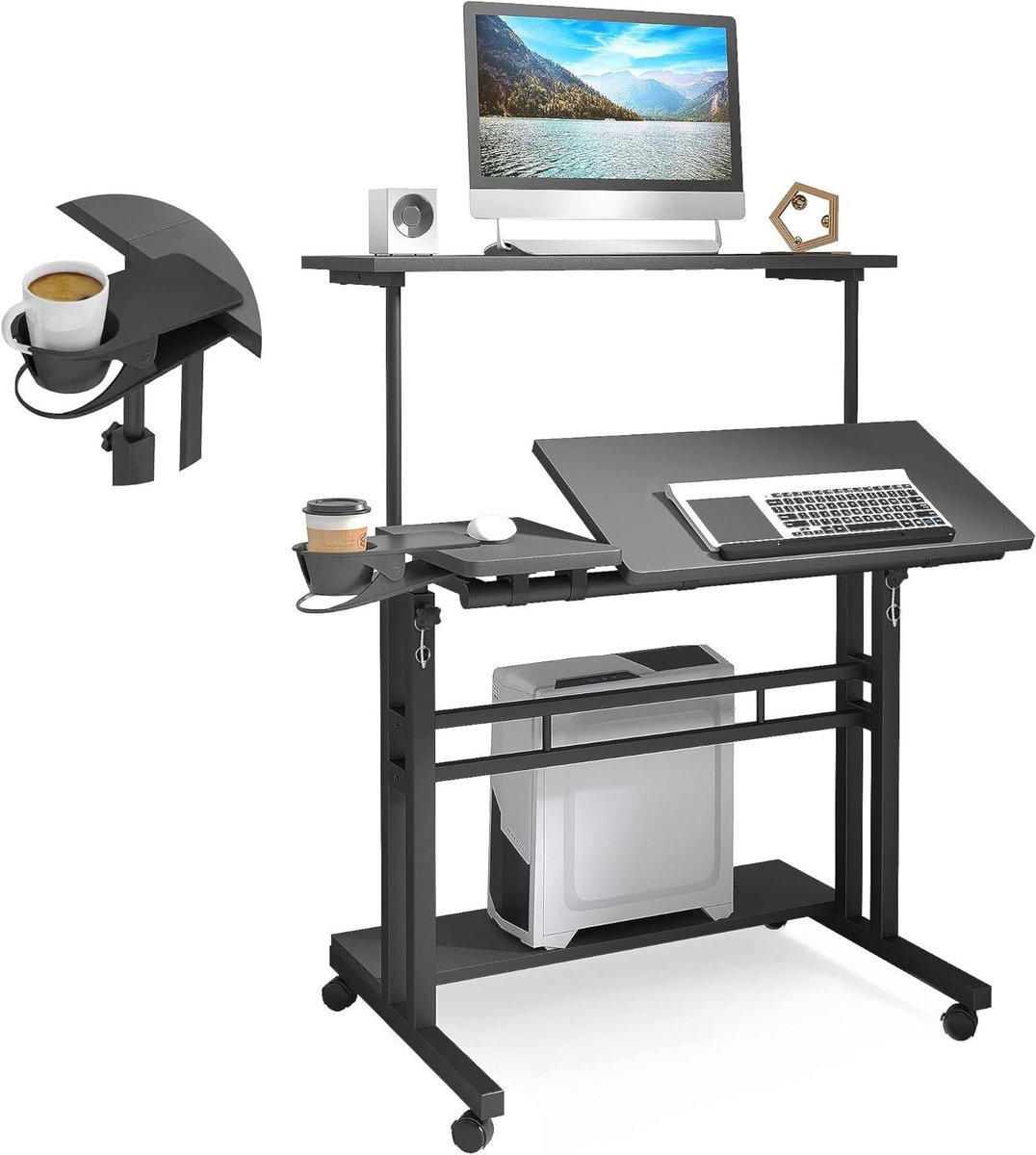 Mobiel Sta-bureau - Verstelbaar Bureau - Thuiswerken Kantoor - Drie Desktop Lades - 27-119 cm Hoog - Zwart