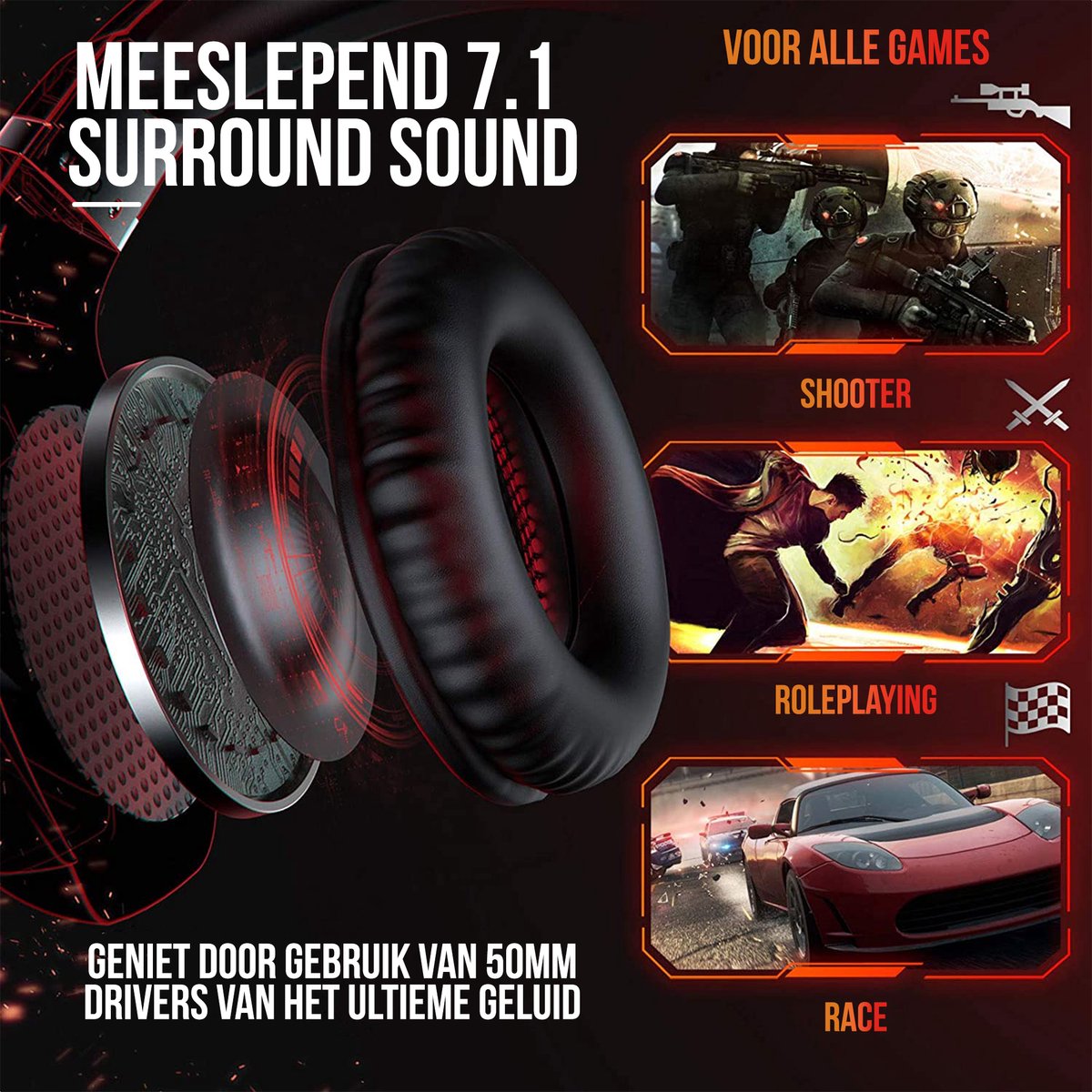 Strex Gaming Headset Met Microfoon - Geschikt Voor PC / PS4 / PS5 / Xbox / Switch - Game Koptelefoon Met Draad - Rood — afbeelding 3