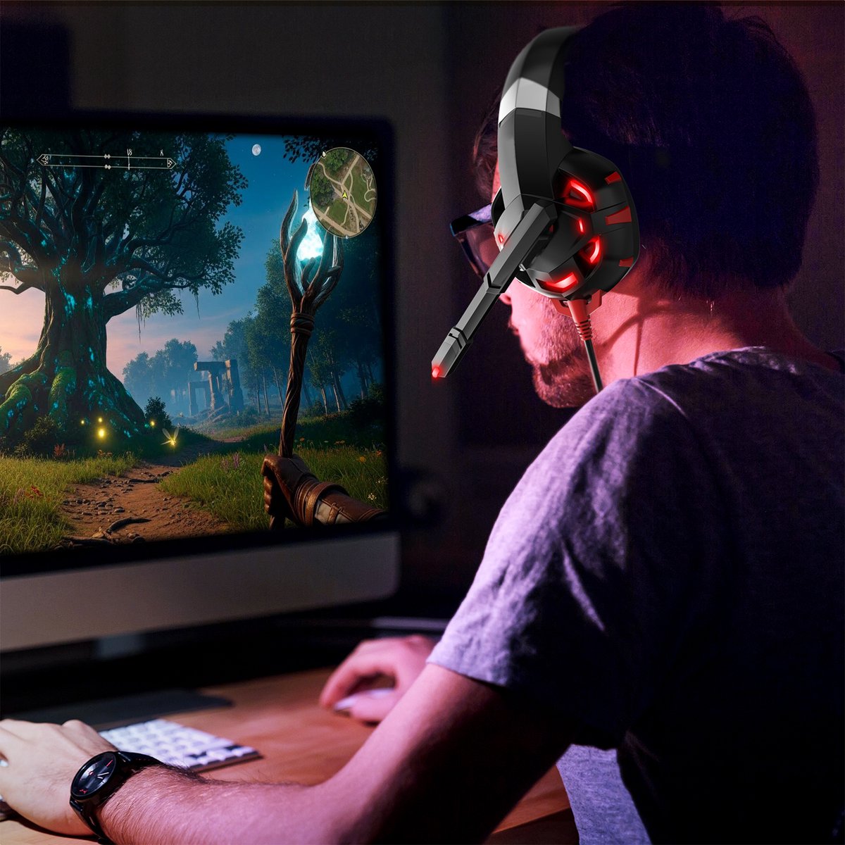 Strex Gaming Headset Met Microfoon - Geschikt Voor PC / PS4 / PS5 / Xbox / Switch - Game Koptelefoon Met Draad - Rood — afbeelding 7
