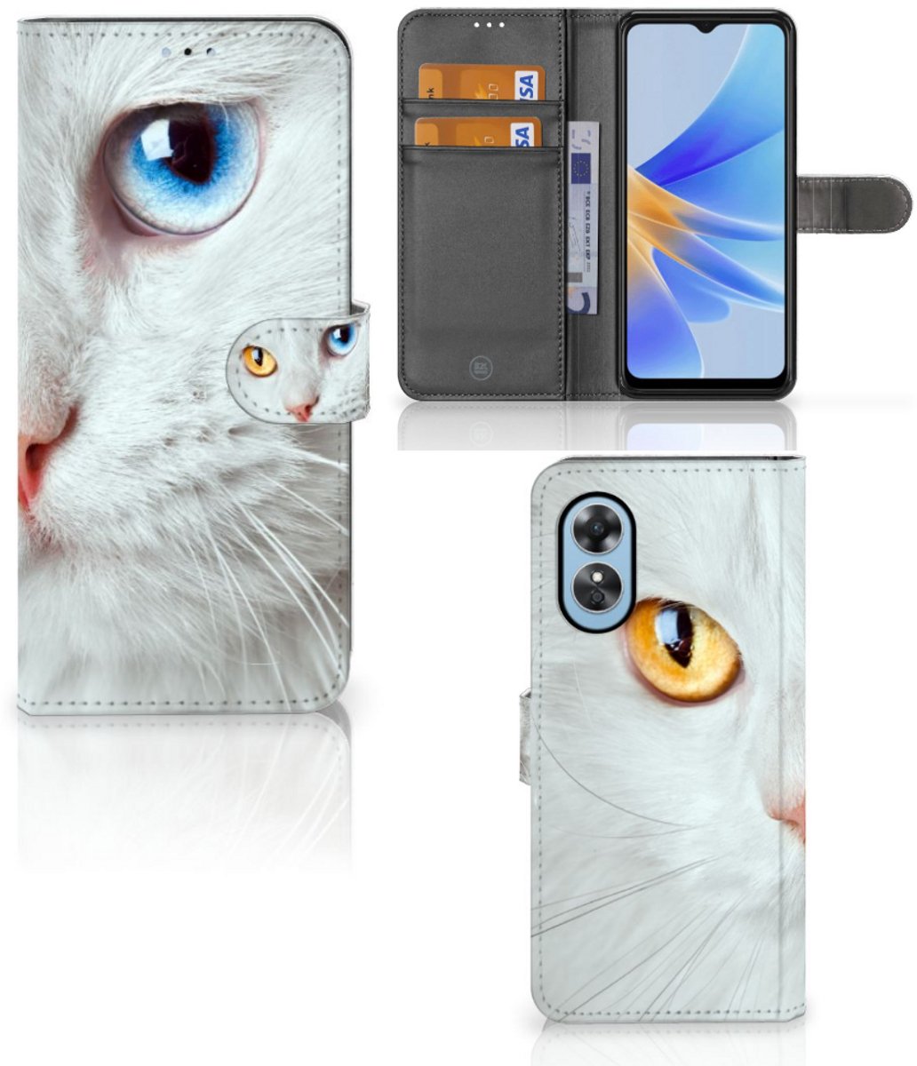 OPPO A17 Telefoonhoesje met Pasjes Witte Kat