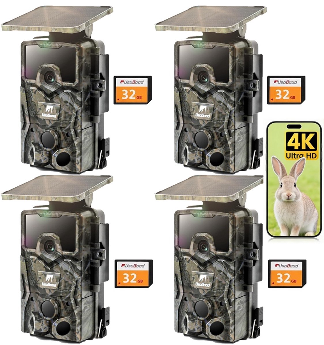 Usogood Wildcamera met Nachtzicht - 4K Ultra HD - Wildcamera met Zonnepaneel - Oplaadbare lithium-Accu - Bewegingsdetectie - Waterdicht - Incl. 32GB SD - 4 Stuks