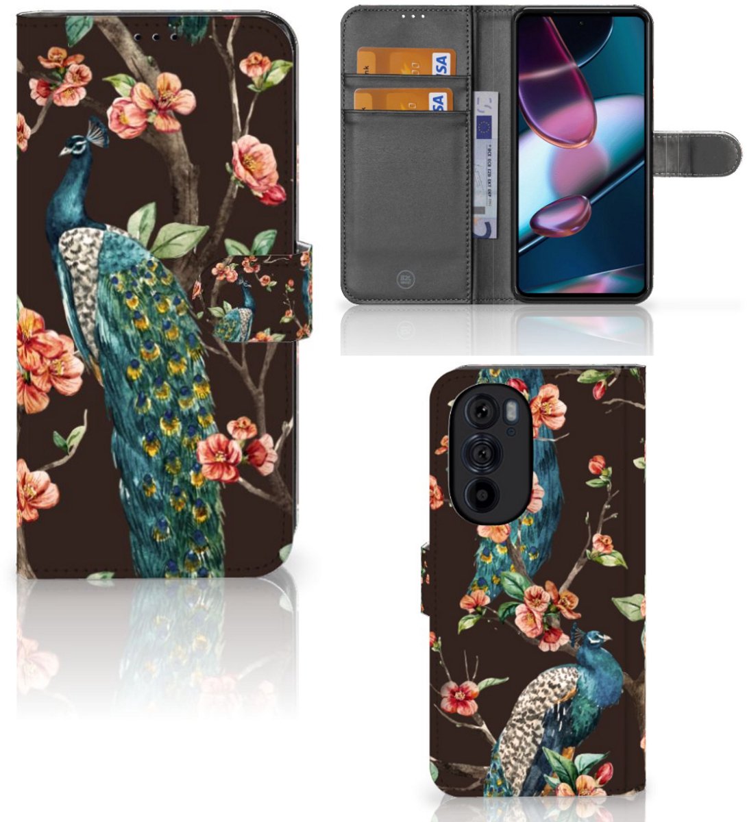 Motorola Edge 30 Pro Telefoonhoesje met Pasjes Pauw met Bloemen