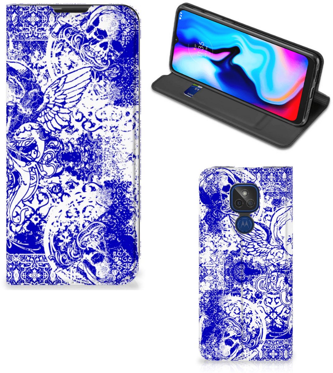 Mobiel BookCase Motorola Moto G9 Play Angel Skull Blauw