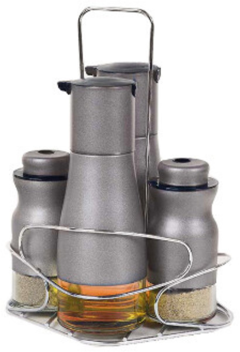 Schafer Kruidenrek met Kruidenpotjes – 4 Delige Kruiden Set met Standaard – Olie en Azijn Flesjes – Kruidenstrooiers – Glazen Kruidenpotjes – RVS Standaard – Keuken Organizer – Kruidenrek Tafel – Vaatwasserbestendig – Keuken Accessoires
