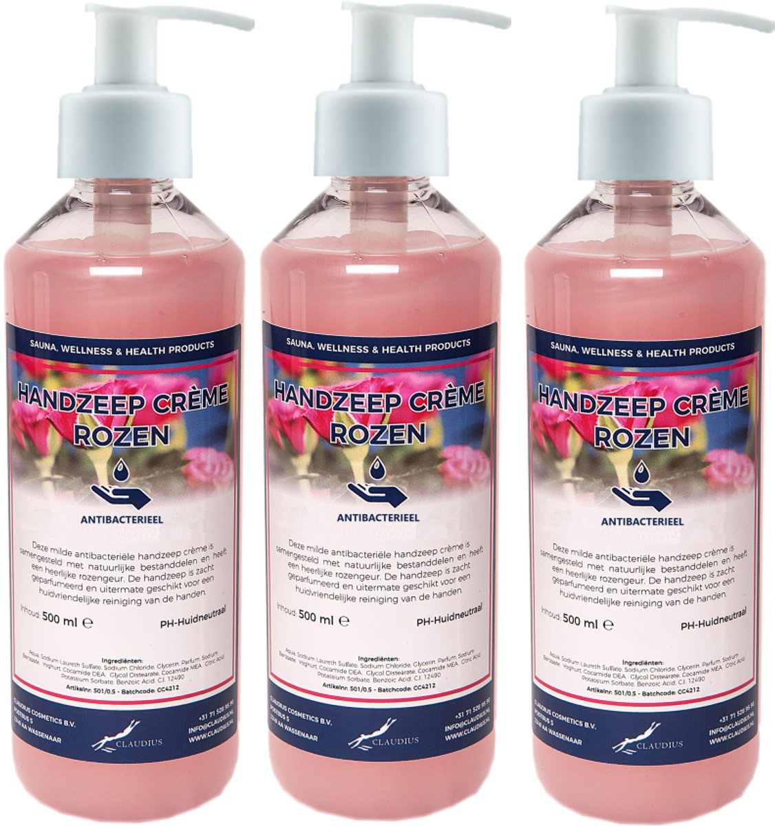 Handzeep Crème Rozen 500 ml - set van 3 stuks - met gratis pomp - Voordeelverpakking