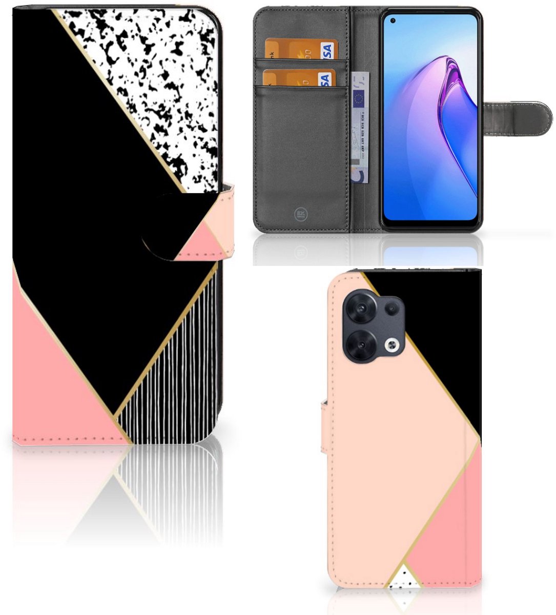 OPPO Reno8 Book Case Zwart Roze Vormen
