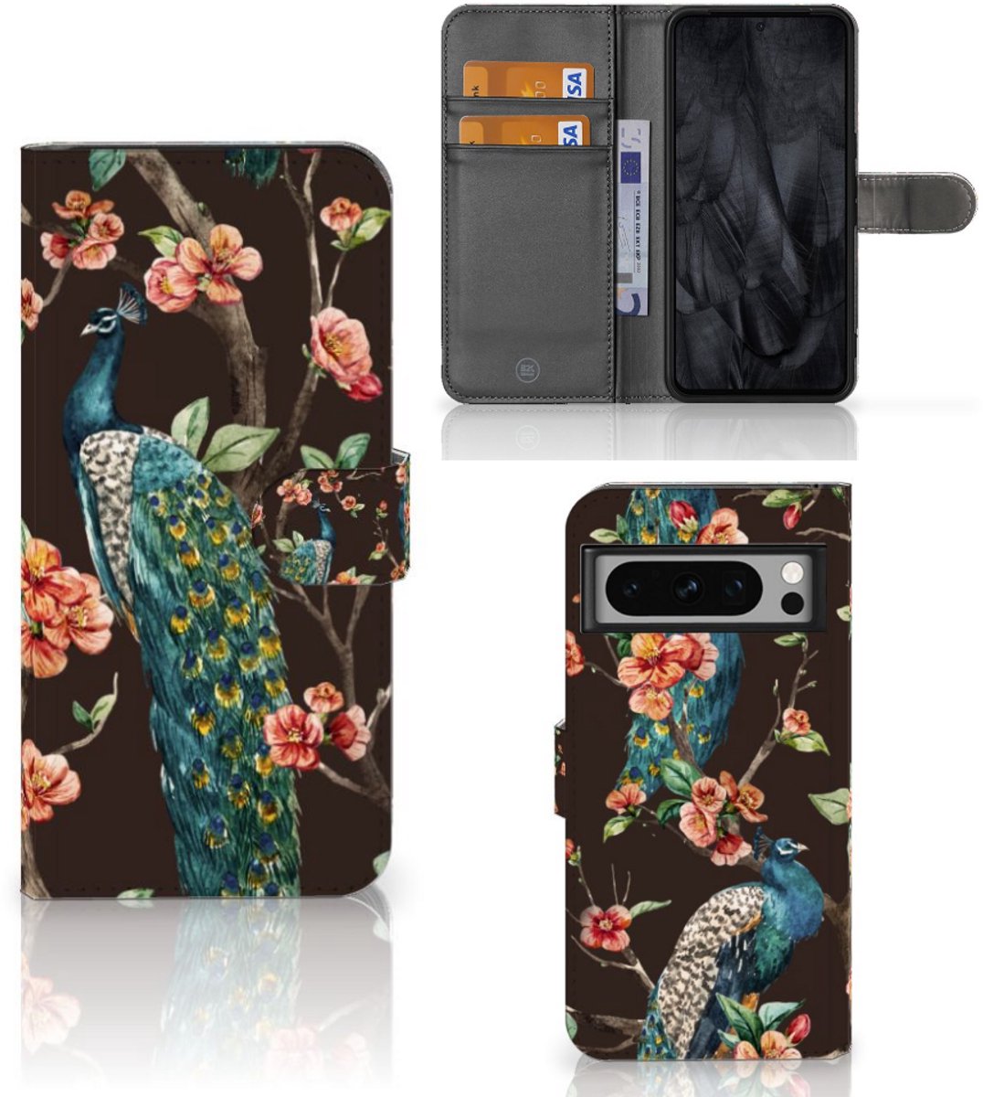Google Pixel 8 Pro Telefoonhoesje met Pasjes Pauw met Bloemen