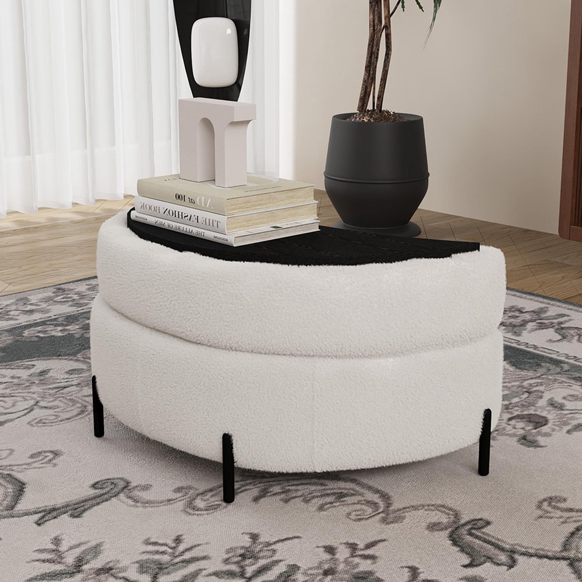 BLACKCOLORS Halvemaanvormige opbergpoef bekleed met sherpa met blad, te gebruiken als bijzettafel, gestoffeerde zitplaats, poef om je aan te kleden en schoenen aan te trekken, en als voetenbank voor de woonkamer, de hal en de gang, ivoorkleurig