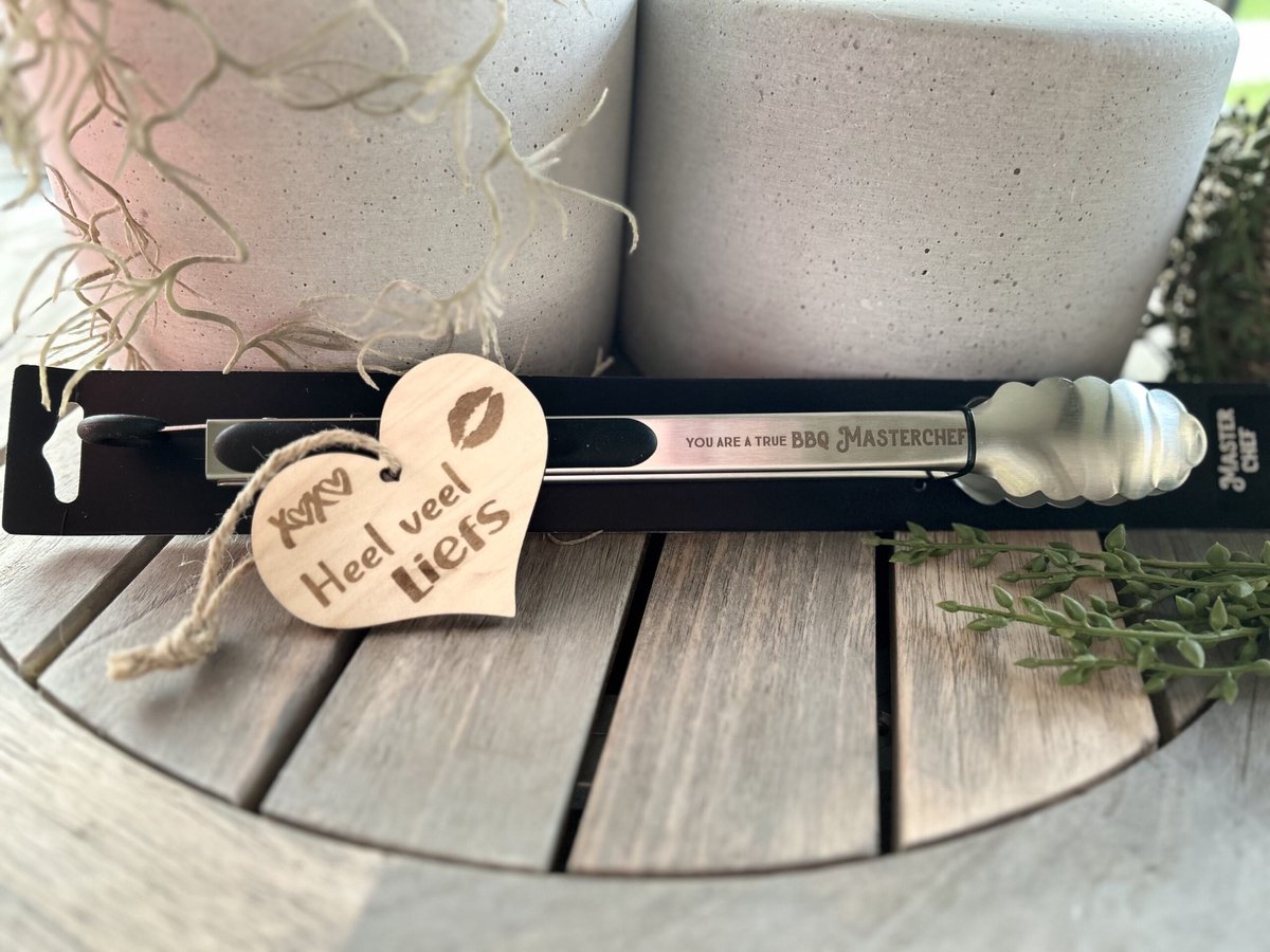 Creaties van hier – BBQ tang Masterchef met houten hartje – hittebestendig - Rvs – 40 cm – BBQ Tang