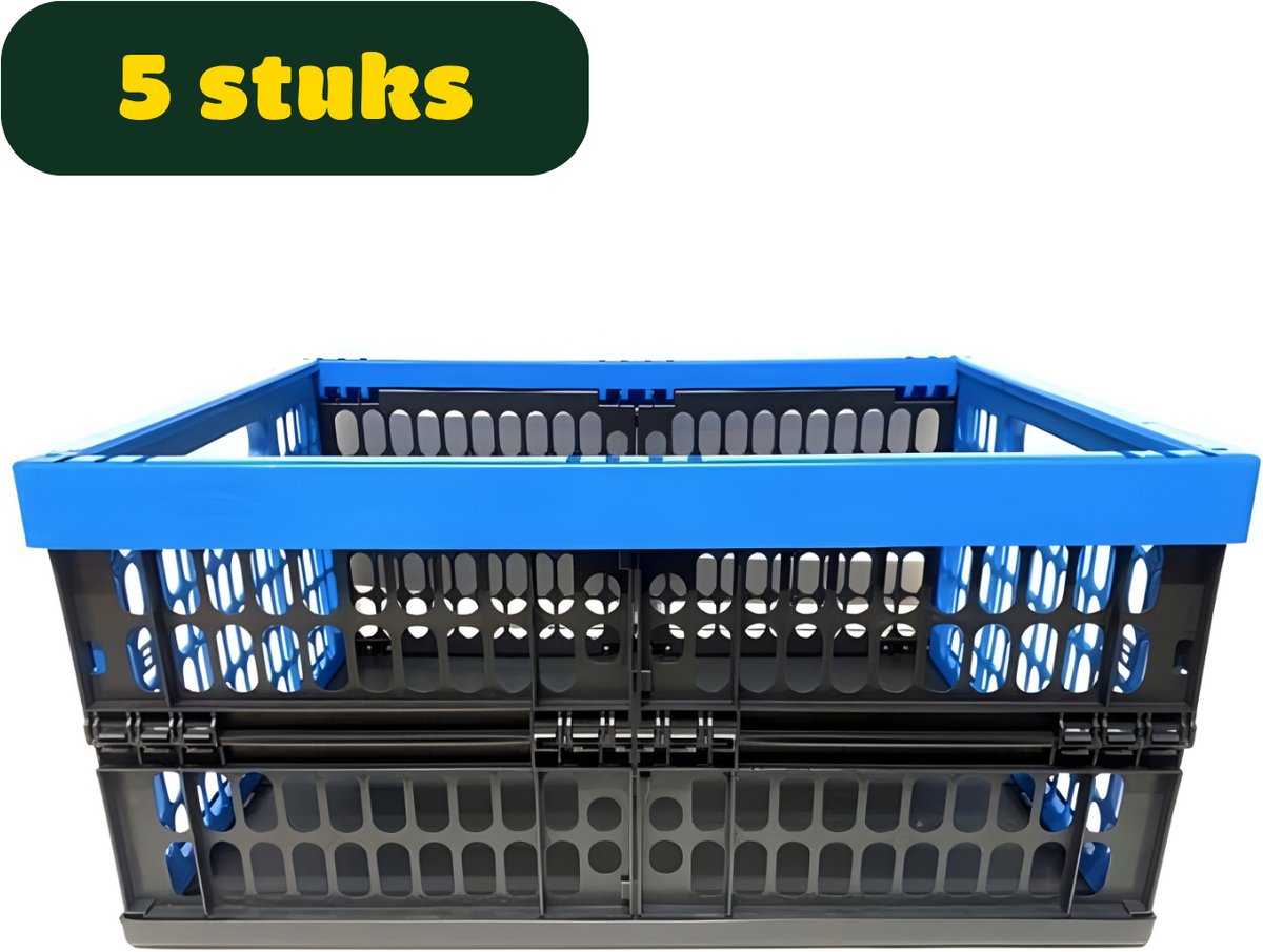 Budgetland Vouwkrat [5 Stuks] - 32 Liter - Klapkrat - Extra Sterk - Kunststof - Inklapbaar - Stapelbaar - Krat - Boodschappenkrat - Blauw/Zwart - 47,5 x 34,5 x 22,5 cm