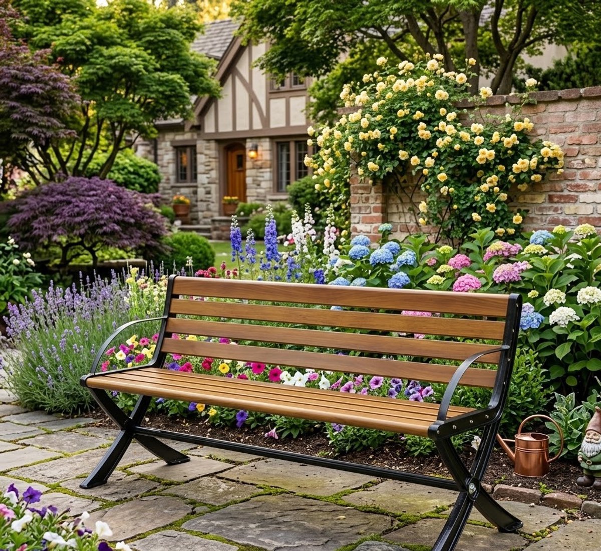 Luxe Retro Verstelbare Metalen Tuinbank 150 cm met Rugleuning & Armleuningen – Weerbestendige 2-3 Persoons Parkbank voor Tuin, Balkon en Terras