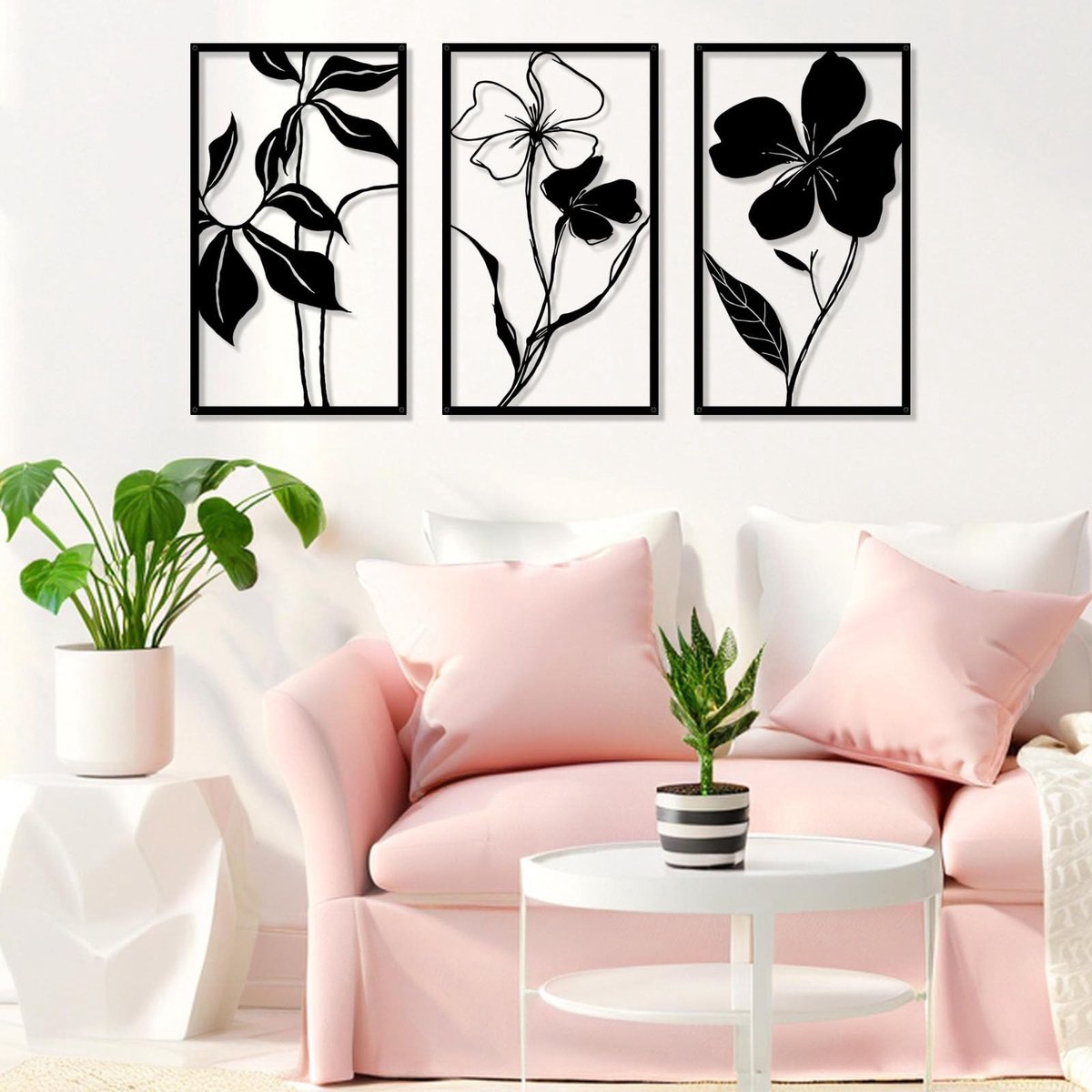Cosensi - Black Metal Flowers Wanddecoratie - Minimalistische Lijntekening - Modern en Stijlvol - Zwart - Voor Woonkamer en Slaapkamer - Inclusief ...