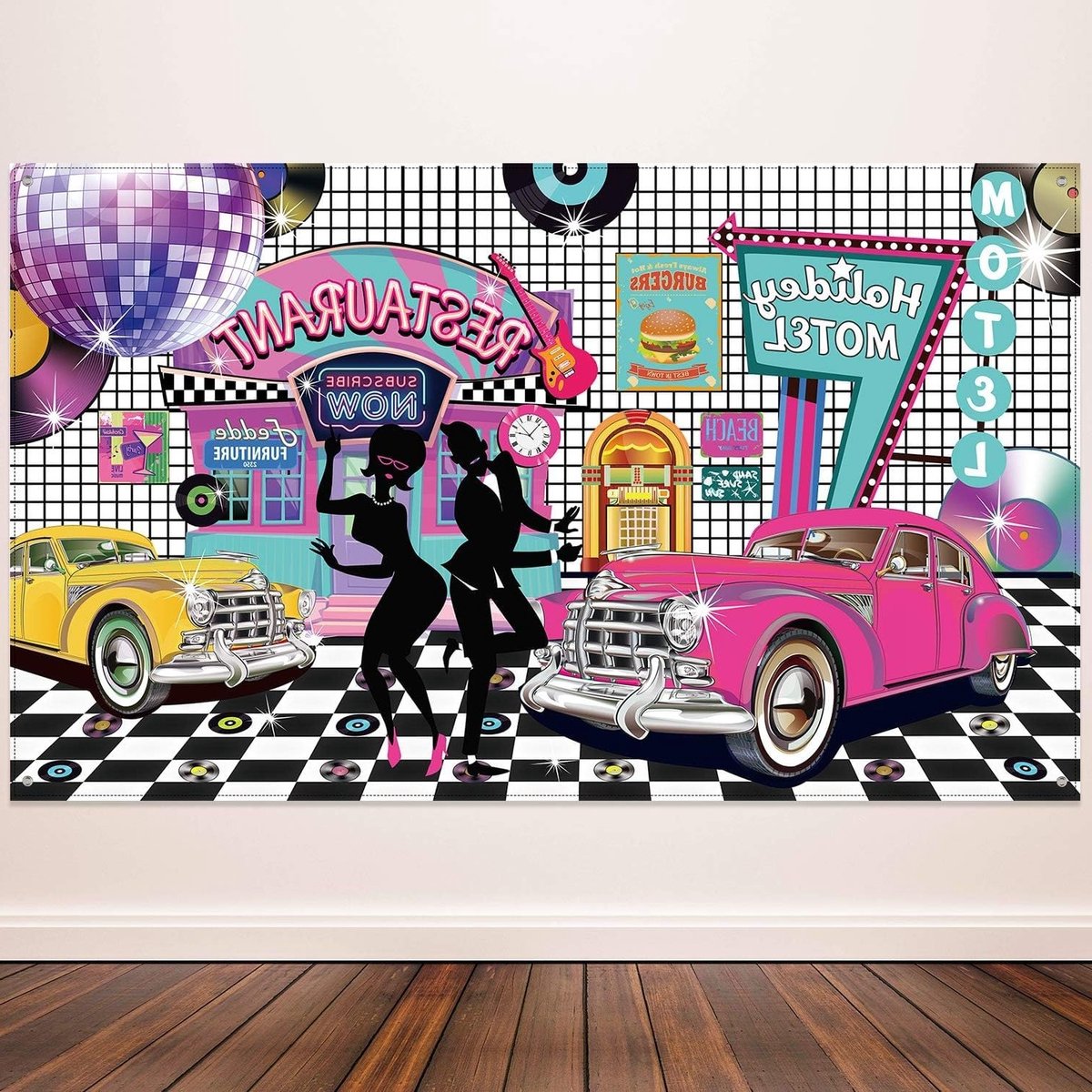 Retro Feestdecoraties voor 50's Thema - Achtergrond Banner voor Rock 'n Roll Party, 185 x 110 cm, Vintage Decoratie voor Feestjes en Evenementen