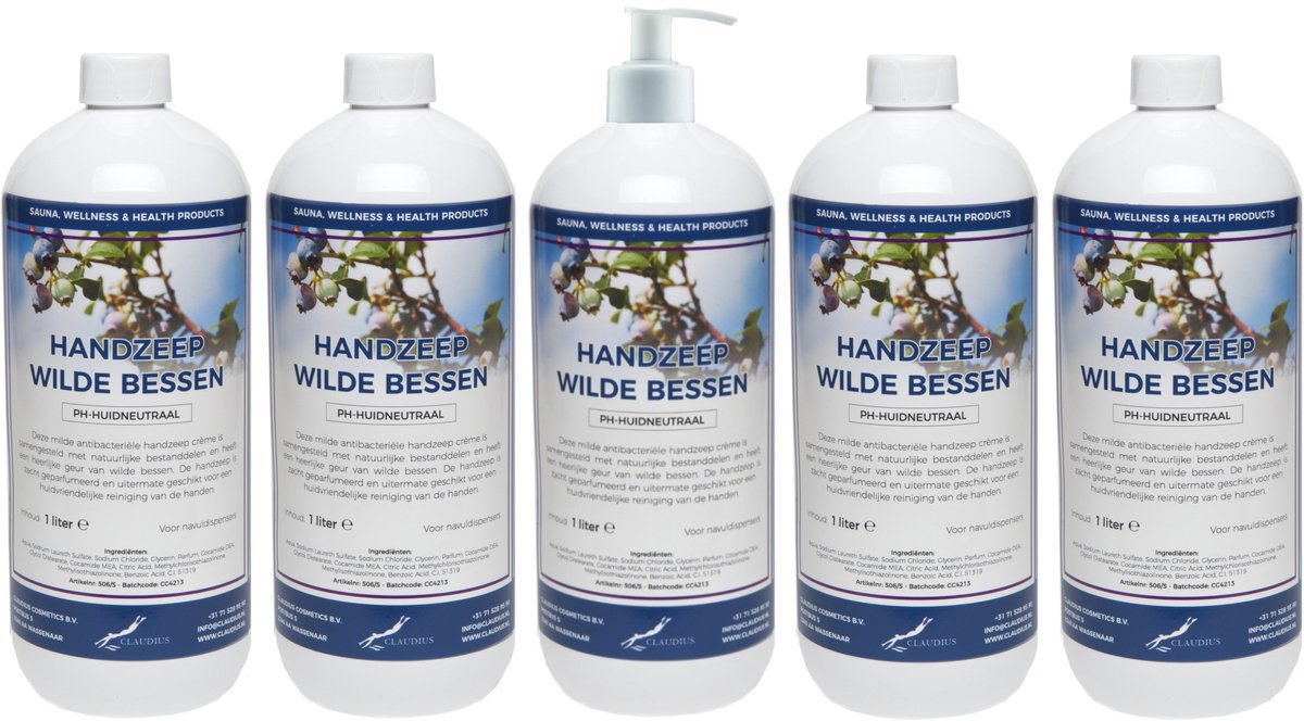 Handzeep Wilde Bessen 1 liter - set van 5 stuks - met gratis pomp - Voordeelverpakking