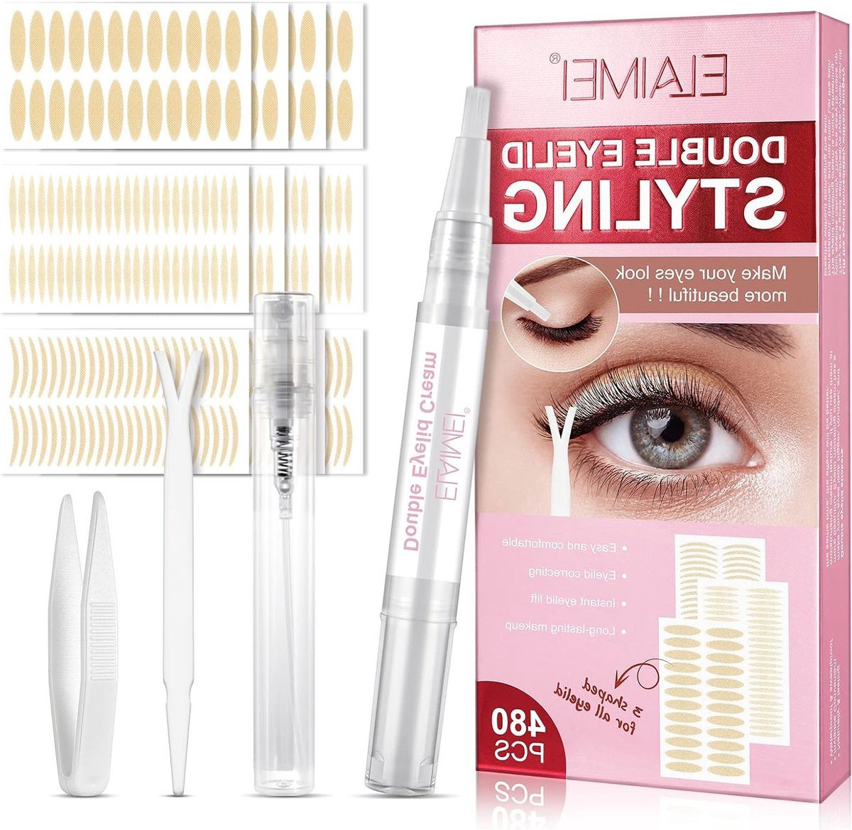 Dubbele Ooglidstrips met Fork Bar Pincet - 480 Stuks voor een Natuurlijk Effect en Oogmake-up Ondersteuning
