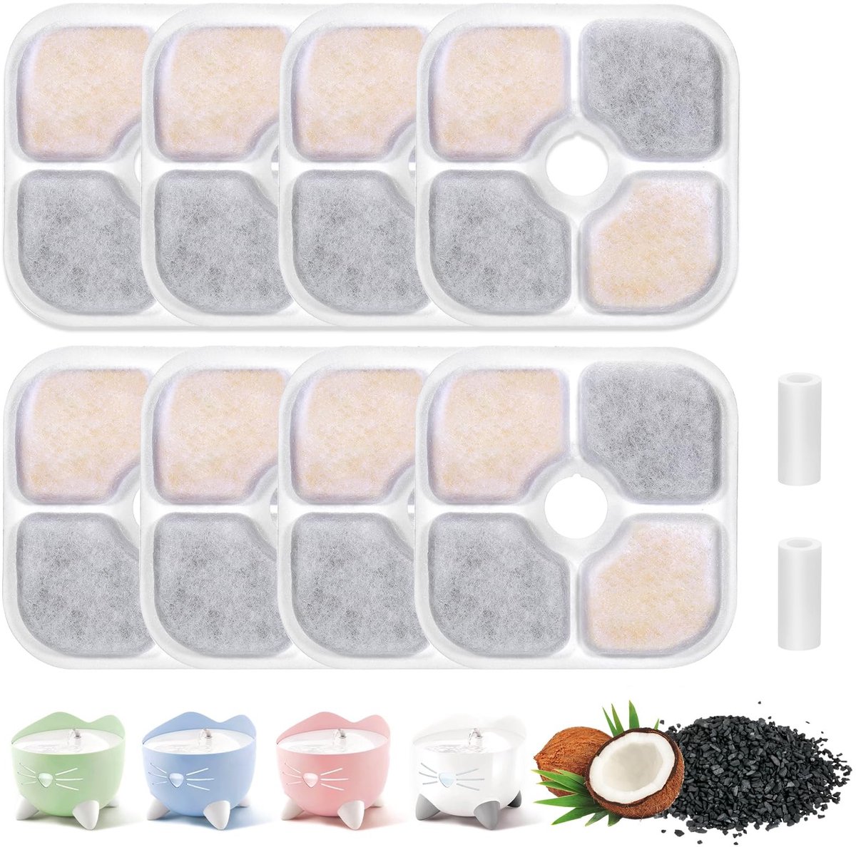 Dailygoods- Filters 8 stuks - Waterfonteinfilter voor katten - Actieve kool - PP-katoen - Natuurlijke hars - Drievoudig filtersysteem