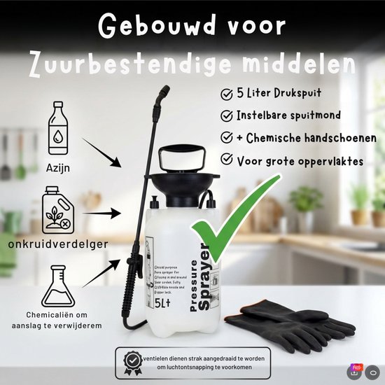 TETRA Tools Drukspuit 5 Liter Zuurbestendig - Druksproeier voor Onkruidverdelger en Tuinsproeier - Incl. Chemie Handschoenen van Merkloos	 — afbeelding 4