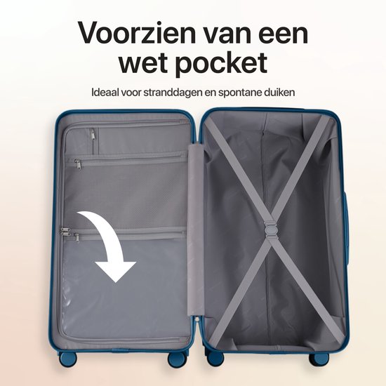 Open blauwe koffer met vakken en een nat vak aan de linker binnenzijde.