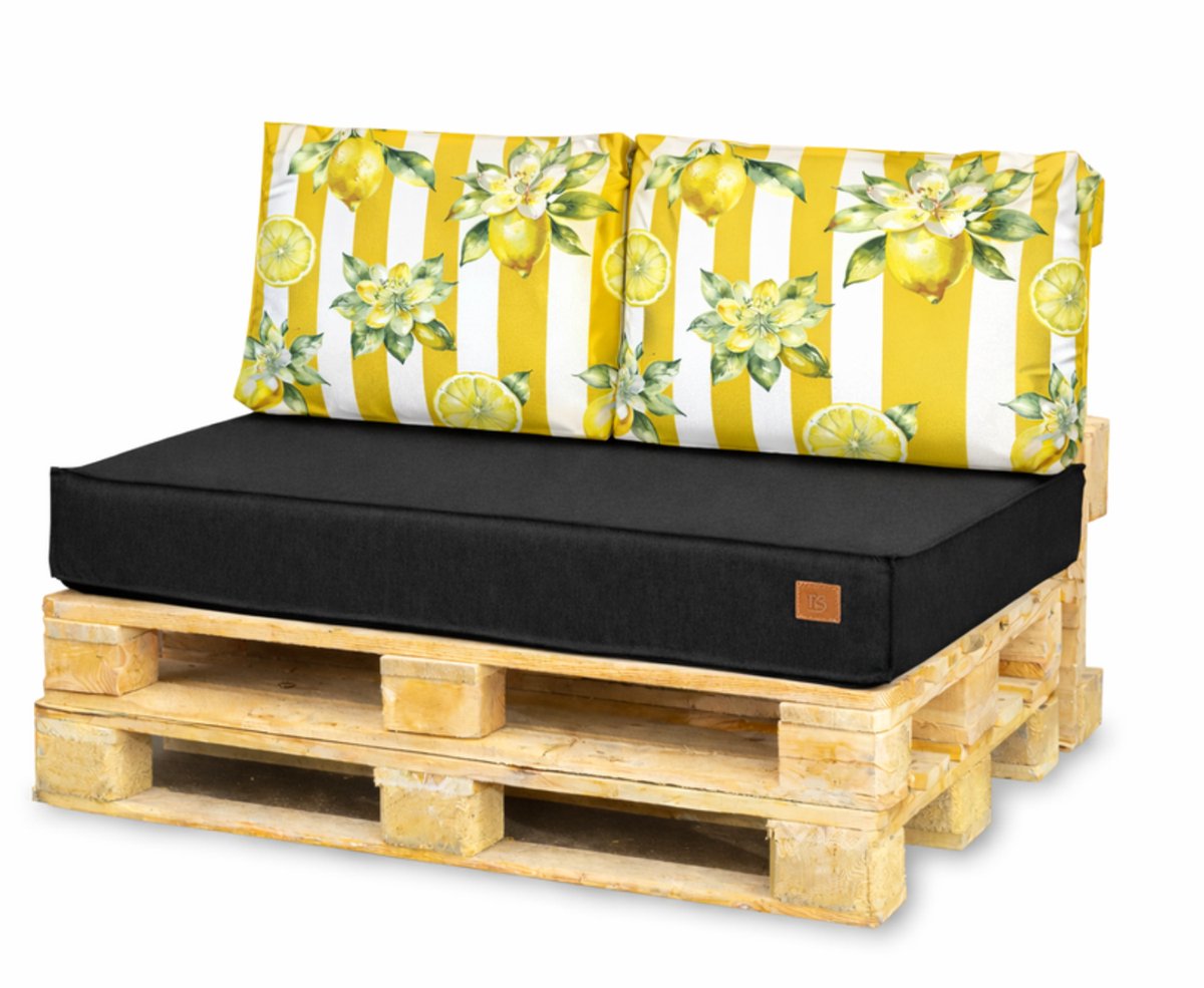 Blomster - Palletkussens 120x80 cm - Zwart met citroenen gestreept - 3-delige set - Zitkussen en rugkussens voor tuin en balkon