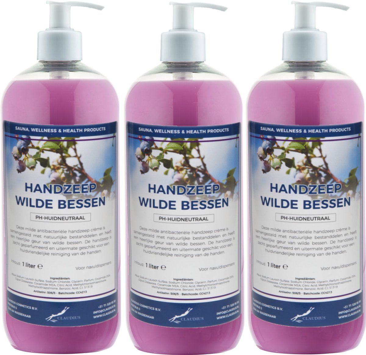 Handzeep Wilde Bessen 1 liter - set van 3 stuks - met gratis pomp - Voordeelverpakking