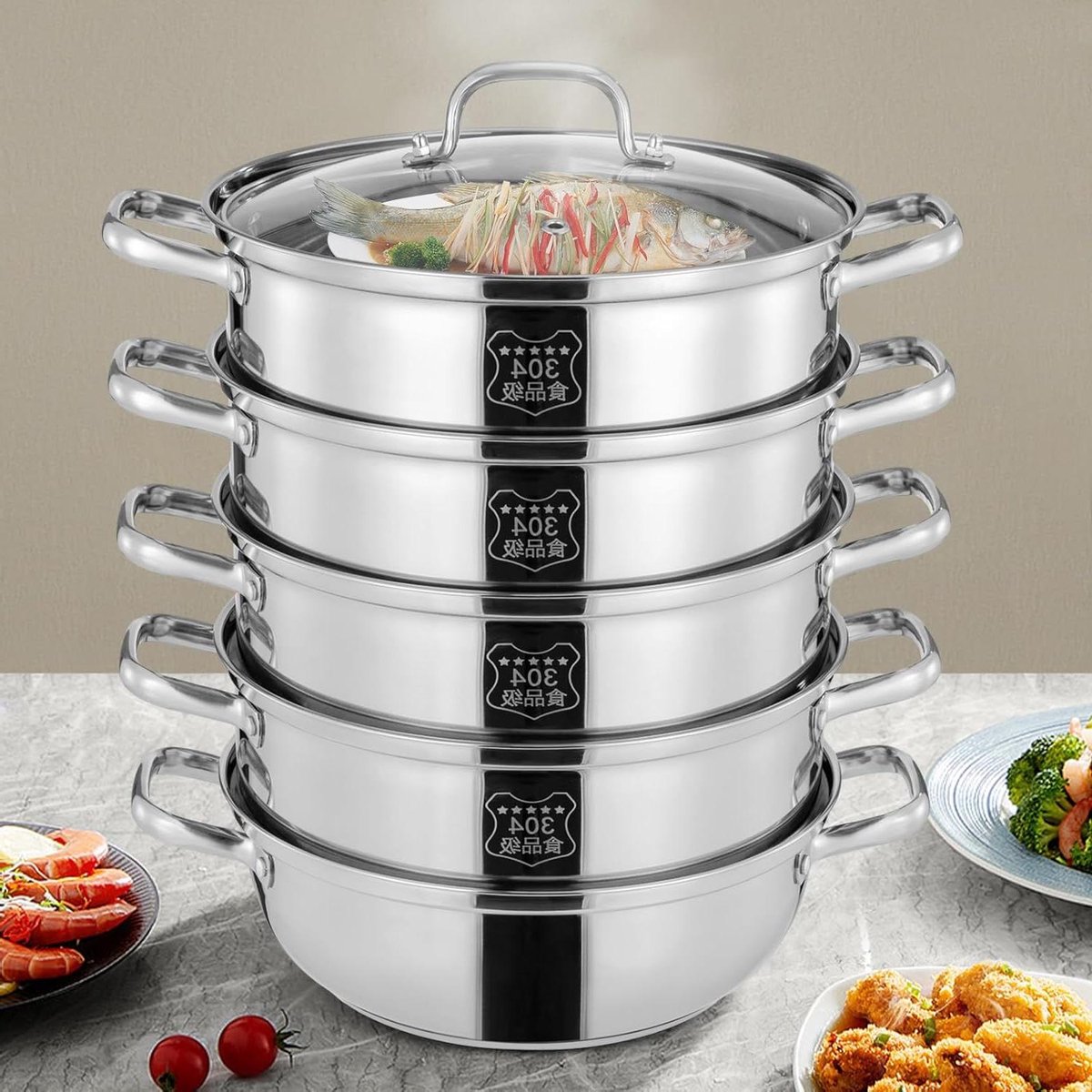 Stoompan 5 Lagen - Stoomkoker Roestvrij Staal - Gezond Koken - Snelle Warmtegeleiding - 30 cm Diameter - Zilver