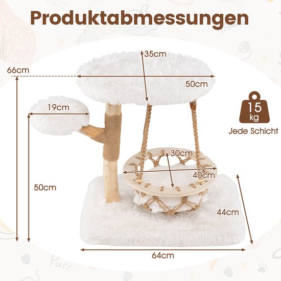 Afmetingen van een kattenboom met wit pluche, hangmand en jute krabpaal. Belangrijke maten zijn aangegeven.