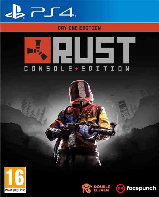 PlayStation 4 gamecover van RUST Console Edition, Day One Edition met speler in beschermpak.