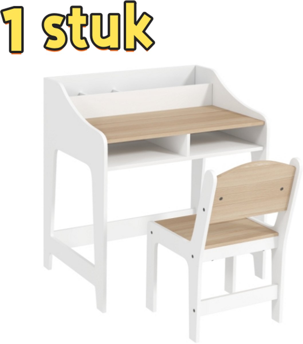 1-delige kinderbureauset - Met opbergruimte - Open planken - Stoel - Geschikt voor kinderen van 3-8 jaar - 60*48*68 cm - Wit