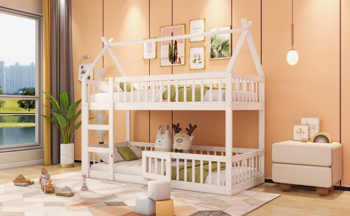 Stapelbed 90x200 - Kinderbed met Trap en Loft Design - Massief Hout - Wit