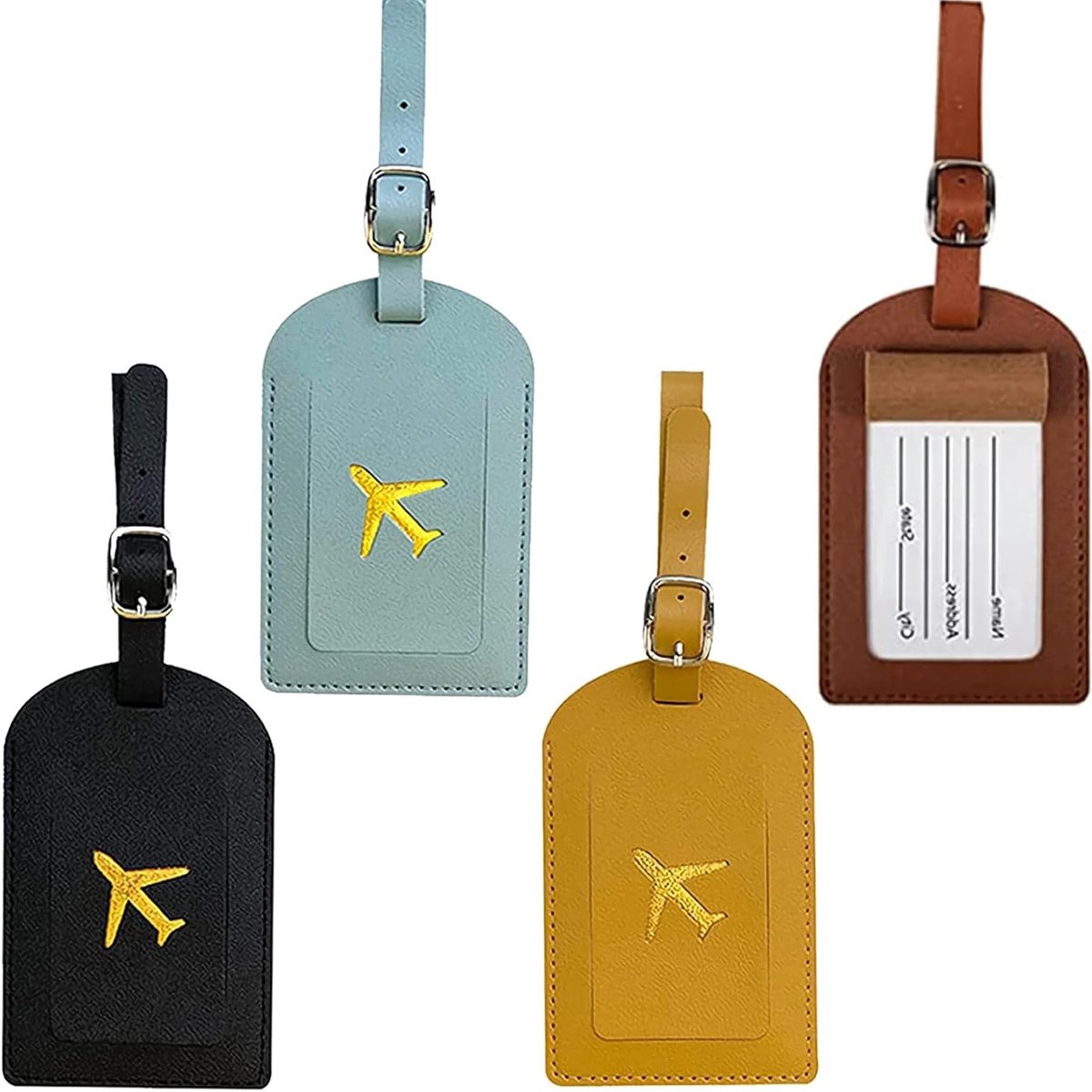 Set van 4 Kofferspanners met Faux Leren Adreslabel voor Reisbagage en Koffer, Voorkom Verlies, 4 Kleuren, Ideaal voor Reizigers en Organisatie