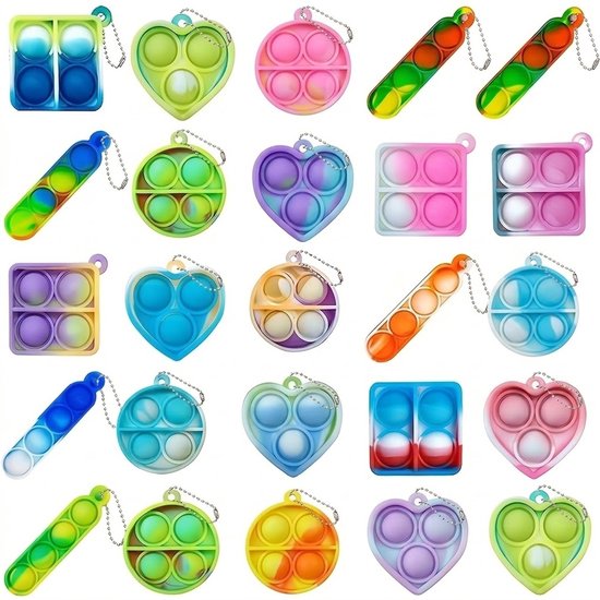 Kleurrijk mini fidget toy sleutelhanger pop it set – 24 stuks push bubble fidget speelgoed met sleutel hanger – siliconen hand fidget toy voor kinderen en volwassenen – kleine pop it knijp speelgoed in hart, rond en rechthoek vormen