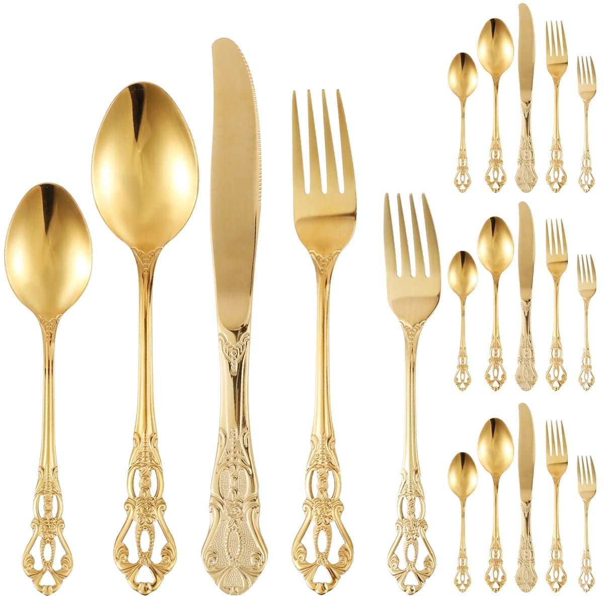 20-delige gouden en zilveren bestekset, vintage koninklijk ogende roestvrijstalen bestekset, voor 4 personen, luxe gouden bestekset inclusief vorken, lepels en messen, spiegelglad gepolijst, vaatwasmachinebestendig.