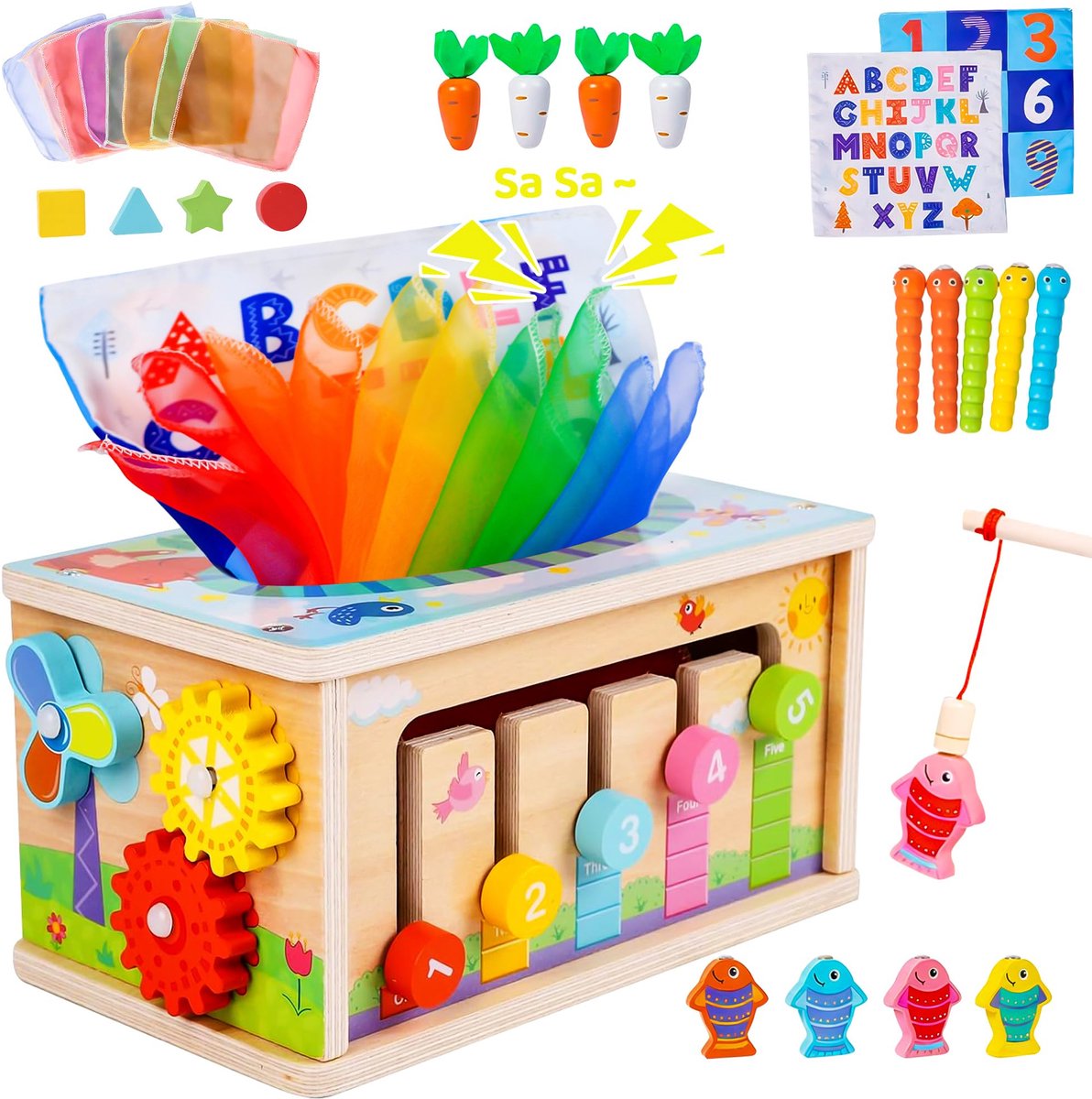 6-In-1 Montessori Tissue Box Speelgoed, Houten Activiteit Kubus, Scheurbestendige Tissue Box, Radijs Vissen Plezier Multifunctionele Game Box, Zintuiglijk Speelgoed Voor Jonge Kinderen