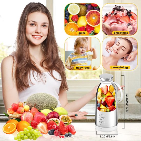 Sander Shop Draagbare Smoothiemaker To Go 500 ml - Oplaadbare Mixer met 6 Messen Roestvrij Staal, Fresh Juice Fles voor Babyvoeding, Sportschool, Reizen (Wit) van Merkloos — afbeelding 5