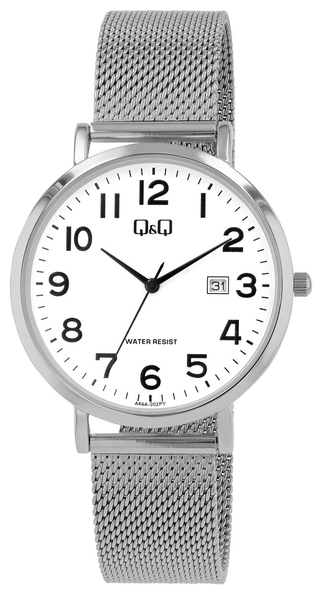 QQ-heren horloge-model a46a-001py-datum-Milanese band-verstelbare band-duidelijke wijzerplaat-3 atm waterdicht-diameter 40 mm