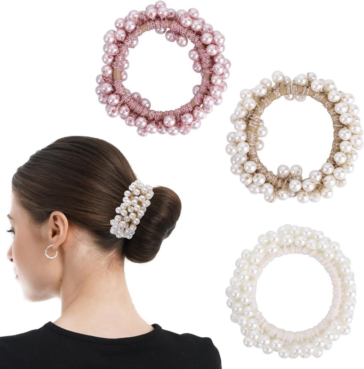 Set van 3 Elegante Parels Haarbanden - Beaded Ponytail Holders met Zachte Grip voor Vrouwen en Tieners - Haaraccessoires voor Dagelijks Gebruik en Speciale Gelegenheden