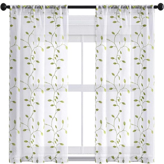 Gordijnen Voile - Vitrage Gordijn - Raamdecoratie - Groen Bladpatroon - 240 x 240 cm - Groen