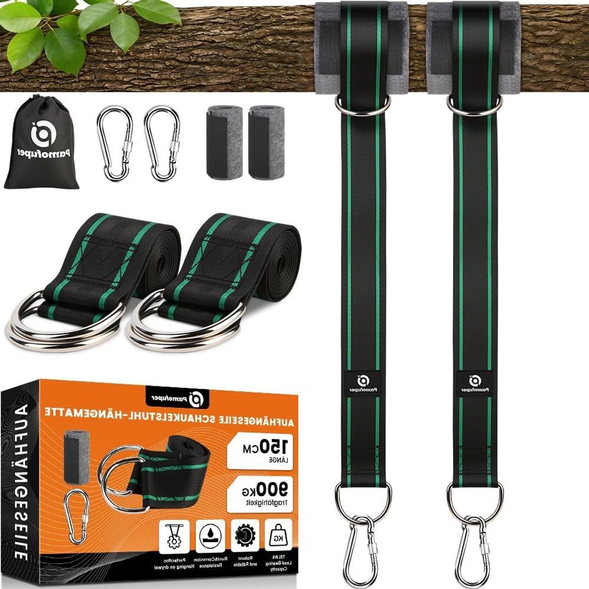 Hangmat Ophangset - Schommel Bevestiging - Veilig Ophangen - Roestvrij Staal Karabijn - 150 cm Riemen - Groen