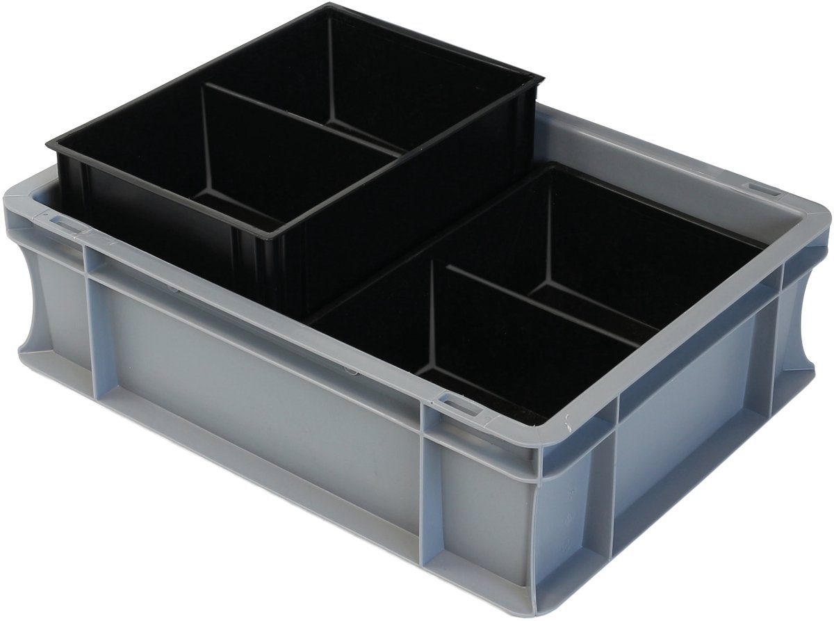Alpac ProSort - Stapelbak met 2 uitneembare sorteerbakjes - 4 Vakken - 400 x 300 x 120 mm - Grijs/Zwart
