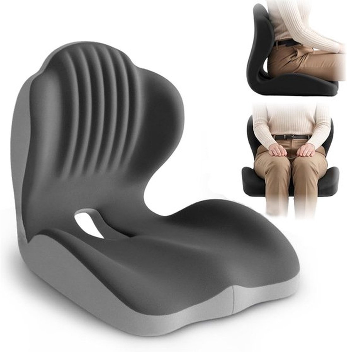 2-in-1 Ergonomisch zitkussen, bureaustoelkussen met lendensteun, orthopedisch kussen van traagschuim met uitsparing voor het stuitje, lendensteun voor verlichting van rug, heup en beenpijn, voor auto, vrachtwagen, kantoor, gamestoel,Tweekleurig Grijs
