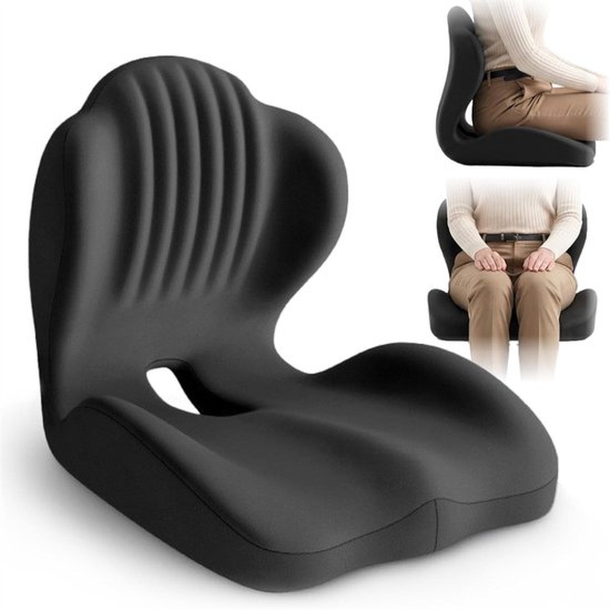 2-in-1 Ergonomisch zitkussen, bureaustoelkussen met lendensteun, orthopedisch kussen van traagschuim met uitsparing voor het stuitje, lendensteun voor verlichting van rug, heup en beenpijn, voor auto, vrachtwagen, kantoor, gamestoel, Zwart