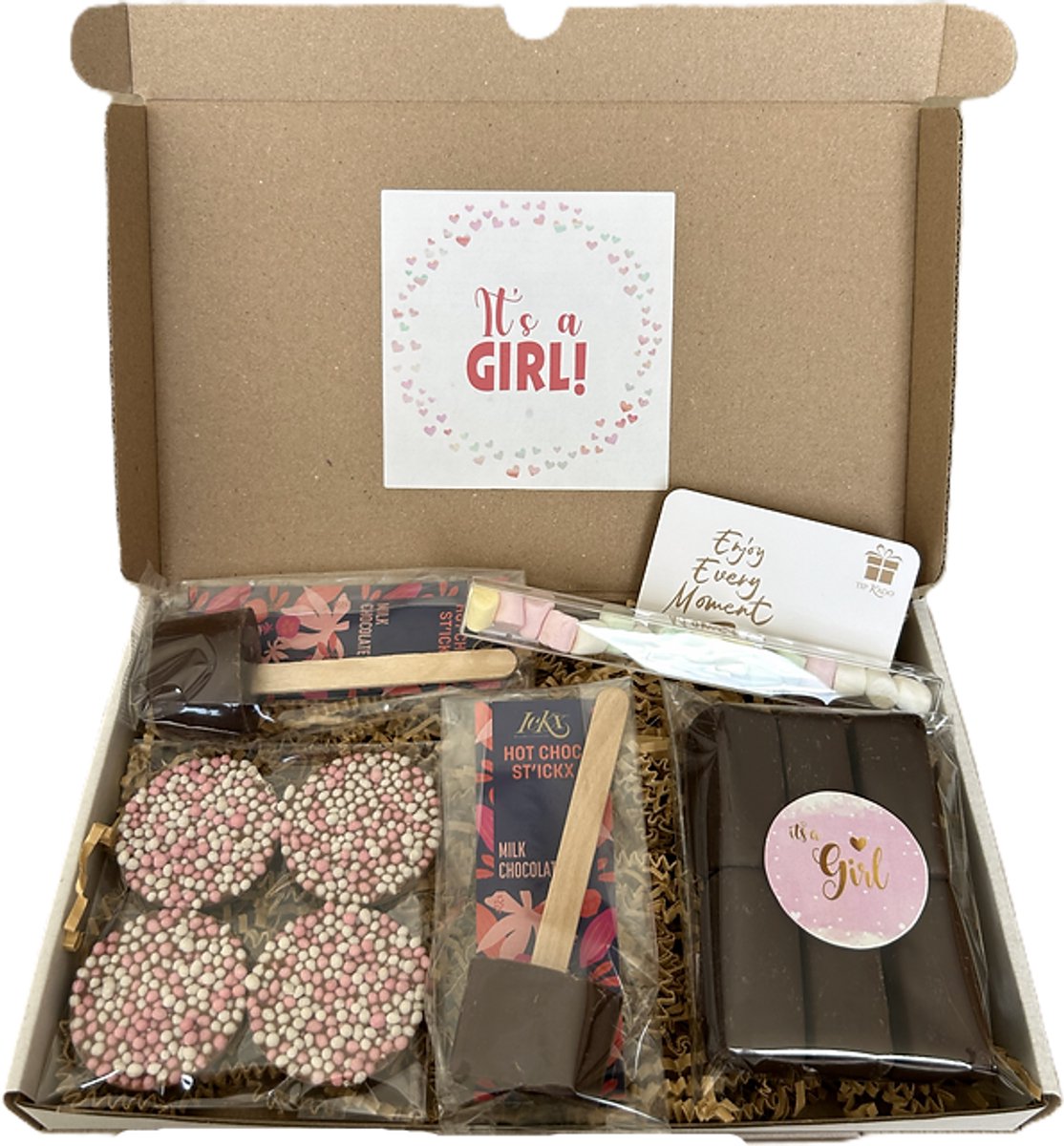 It's a girl choco brievenbus cadeau - chocoladestick - chocolade - marshmallows
