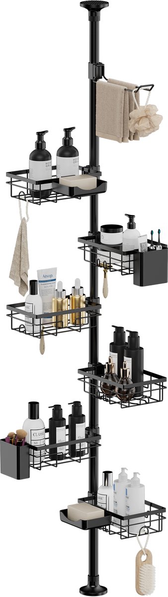YONO Telescopisch Doucherek - Verstelbaar 76-305 cm - 6 Mandjes - Bevestigen Zonder Boren - Douche Rek Hoek - Zwart