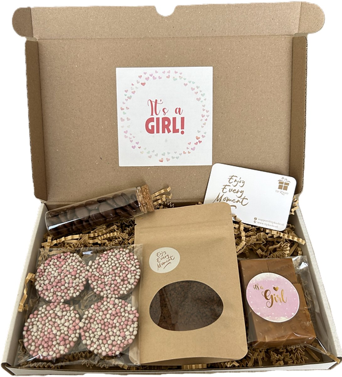 Baby It's a girl koffie brievenbus cadeau - fudge - chocolade mokkaboontjes - chocolade